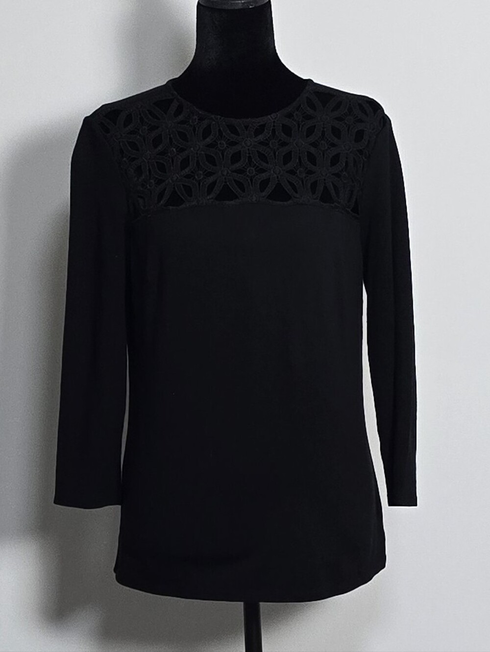The Limited Black Long Sleeve Top with Lace Yoke